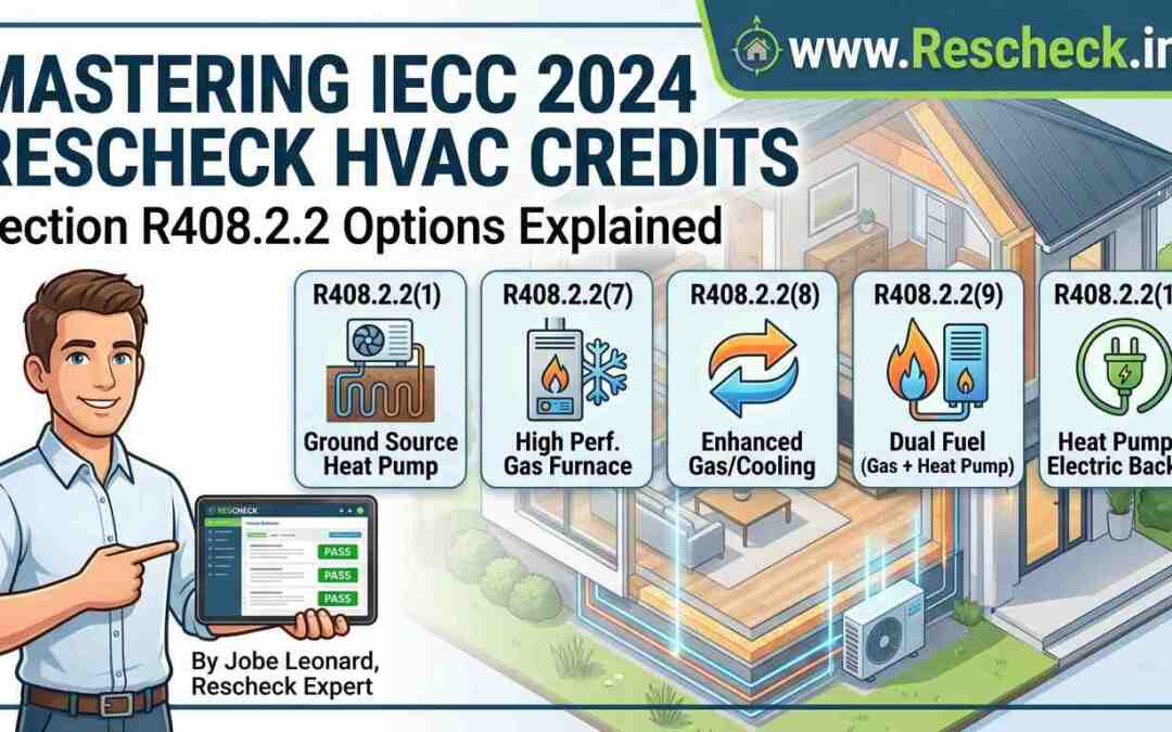 Infographic illustrating IECC 2024 Rescheck HVAC credits under Section R408.2.2, comparing Ground Source Heat Pumps, High-Performance Gas Furnaces, Dual Fuel systems, and Heat Pumps with electric backup. Includes www.Rescheck.info branding.