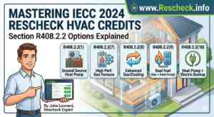 Infographic illustrating IECC 2024 Rescheck HVAC credits under Section R408.2.2, comparing Ground Source Heat Pumps, High-Performance Gas Furnaces, Dual Fuel systems, and Heat Pumps with electric backup. Includes www.Rescheck.info branding.