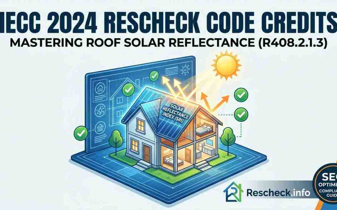 An infographic detailing IECC 2024 Rescheck credits for Roof Solar Reflectance (SRI). A digital blueprint house cross-section shows sunlight bouncing off the roof with green checkmarks indicating energy code compliance.