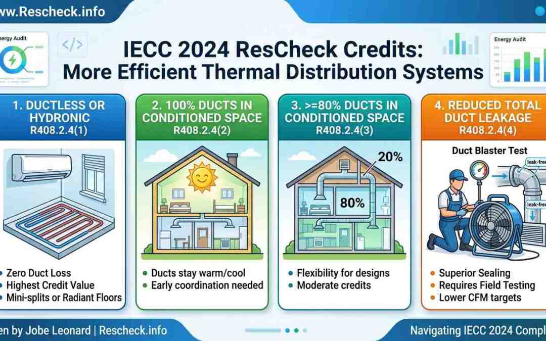 Infographic explaining IECC 2024 ResCheck credits for thermal distribution, including ductless systems, interior duct placement, and duct leakage testing for Rescheck.info.