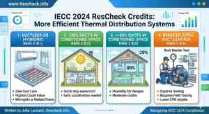 Infographic explaining IECC 2024 ResCheck credits for thermal distribution, including ductless systems, interior duct placement, and duct leakage testing for Rescheck.info.