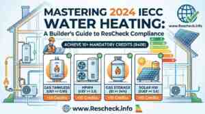 Infographic from Rescheck.info explaining 2024 IECC (R408) water heater options to achieve 10+ mandatory efficiency credits. Includes gas tankless, electric HPWH, gas storage, and solar, with UEF ratings.