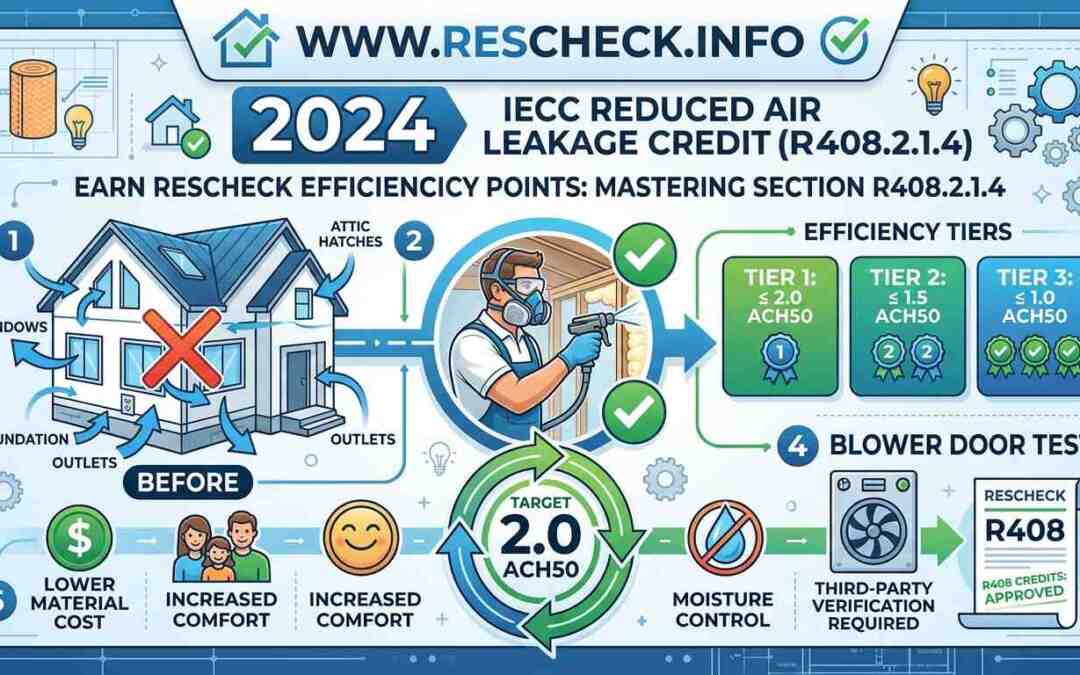 An infographic branded for www.Rescheck.info explains the 2024 IECC Section R408.2.1.4 Reduced Air Leakage Credit. It details efficiency tiers (