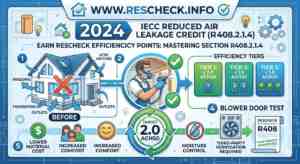 An infographic branded for www.Rescheck.info explains the 2024 IECC Section R408.2.1.4 Reduced Air Leakage Credit. It details efficiency tiers (