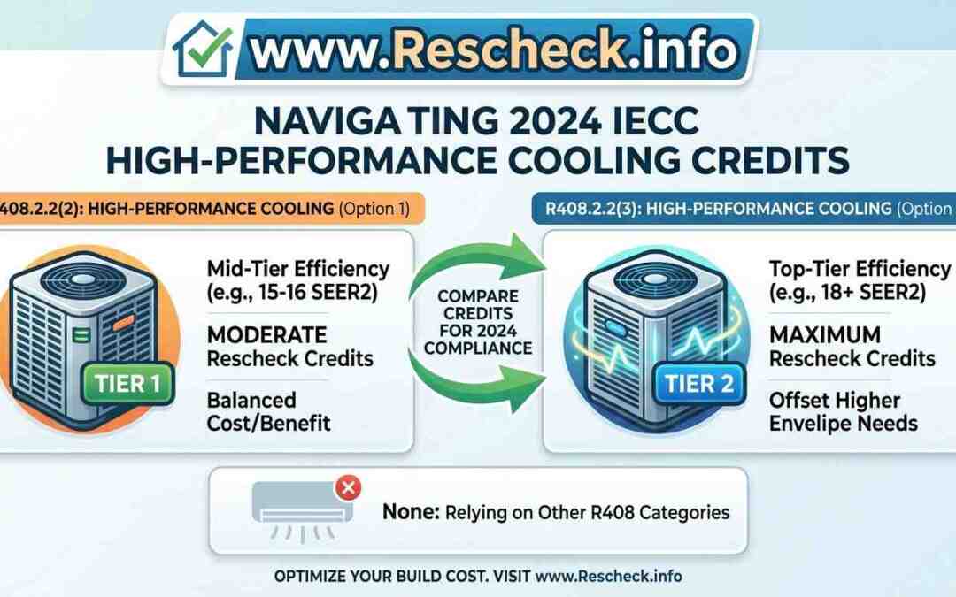 Infographic comparing 2024 IECC High-Performance Cooling Credits R408.2.2 Option 1 and Option 2 for Rescheck compliance featuring HVAC units and SEER2 ratings.
