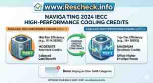 Infographic comparing 2024 IECC High-Performance Cooling Credits R408.2.2 Option 1 and Option 2 for Rescheck compliance featuring HVAC units and SEER2 ratings.