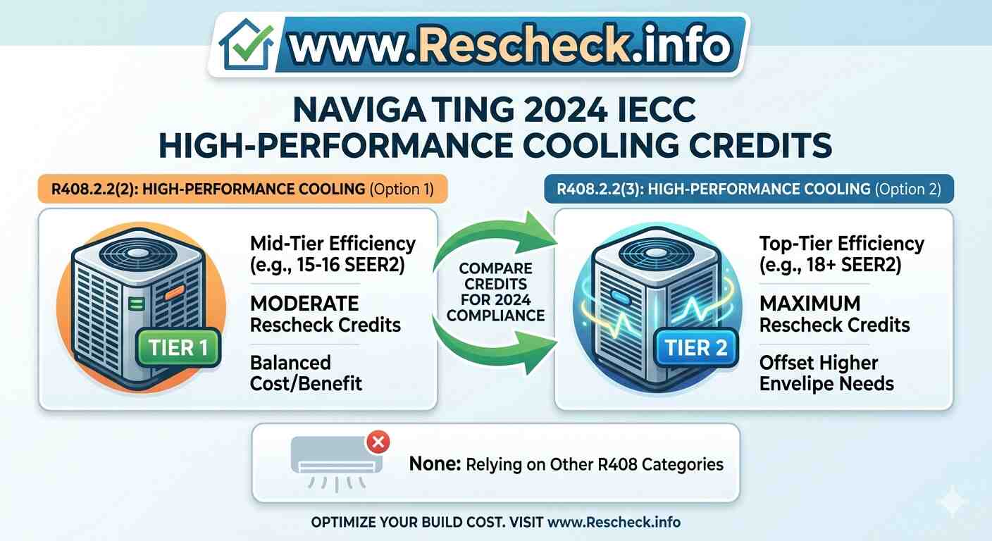As the building industry transitions to the 2024 International Energy Conservation Code (IECC), developers and energy consultants are seeing a shift in how "credits" are earned. One of the most significant opportunities for compliance flexibility lies in Section R408, which requires additional efficiency packages beyond the standard prescriptive requirements. If you are using Rescheck to demonstrate compliance, understanding the distinction between High-Performance Cooling Option 1 and Option 2 is critical for hitting your energy targets without overspending on materials. What is Section R408? In the 2024 IECC, simply meeting the minimum R-values for walls and ceilings often isn't enough. Section R408 requires builders to select additional efficiency "options" to earn credits. Cooling efficiency is one of the most cost-effective ways to bridge the gap if your building envelope is struggling to pass. R408.2.2(2): High-Performance Cooling (Option 1) Option 1 is designed for projects that want a significant boost in efficiency without necessarily moving into "ultra-premium" equipment territory. The Requirement: This credit generally requires cooling equipment that exceeds federal minimum standards by a specific percentage (often aligning with higher SEER2 ratings). The Benefit: By selecting this in Rescheck, you earn a moderate amount of credits toward your R408 total. It is an excellent middle-ground for suburban residential builds. Best For: Builders already planning to use 15–16 SEER2 systems who need a small "push" to make their Rescheck pass. R408.2.2(3): High-Performance Cooling (Option 2) Option 2 is the "Tier 2" of cooling credits. It offers a higher credit value but carries more stringent equipment requirements. The Requirement: This typically mandates top-of-the-line HVAC systems. We are looking at high-efficiency heat pumps or air conditioners, often requiring SEER2 ratings in the 18+ range or specialized variable-speed compressors. The Benefit: This option provides the maximum number of credits available in the cooling category. If your glass-to-wall ratio is high or your insulation is at the bare minimum, Option 2 can often save the entire project's compliance status. Best For: Custom homes with large window packages or "Zero Energy Ready" builds. The "None" Option: Why It Matters In Rescheck, you will see the option for "None." Selecting this means you are relying entirely on other categories—such as R408.2.1 (Enhanced Envelope) or R408.2.5 (High-Efficiency Service Water Heating)—to meet your credit quota. While "None" is the default, it is rarely the most economical choice. Because HVAC technology has improved so rapidly, the cost jump to meet Option 1 is often lower than the cost of adding extra inches of spray foam or upgrading to triple-pane windows. How to Optimize Your Rescheck in 2024 When performing an energy audit or a Rescheck analysis under the 2024 IECC, follow these three steps: Check the Baseline: Run your Rescheck with standard equipment first. Toggle Option 1: If you are failing by a small margin, switch to R408.2.2(2). Check with your HVAC contractor to see the price difference for the required SEER2 rating. Evaluate Option 2: If you are significantly below the compliance threshold, R408.2.2(3) might be cheaper than upgrading your entire insulation package. Conclusion The 2024 IECC R408 credits turn energy compliance into a strategic "pick-and-choose" process. By understanding the tiers of High-Performance Cooling, you can provide better comfort for homeowners while keeping construction costs manageable. Need help with your 2024 IECC Rescheck? Whether you're building in Tennessee or across the country, ensuring your cooling credits are calculated correctly is the key to a fast permit approval.