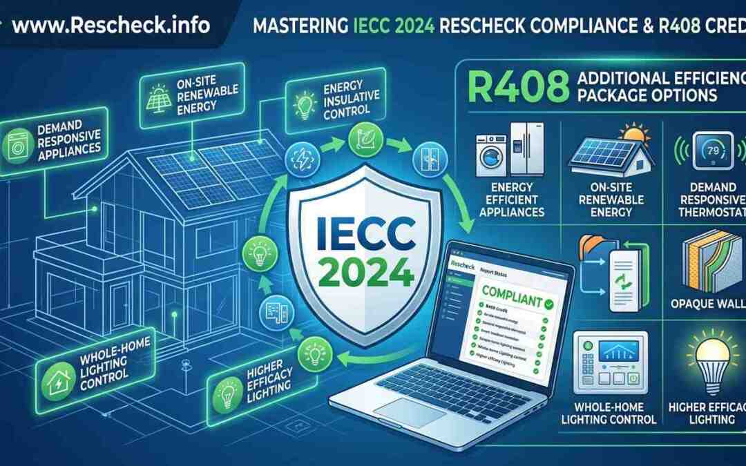 Infographic for IECC 2024 Rescheck compliance showing R408 efficiency options including solar energy, smart thermostats, and opaque walls for Rescheck.info.