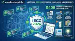 Infographic for IECC 2024 Rescheck compliance showing R408 efficiency options including solar energy, smart thermostats, and opaque walls for Rescheck.info.
