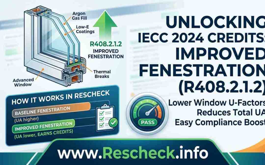 Infographic explaining IECC 2024 Section R408.2.1.2 Improved Fenestration credits in Rescheck, featuring a triple-pane window diagram with argon gas, thermal breaks, and low-E coatings to reduce total UA.