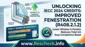Infographic explaining IECC 2024 Section R408.2.1.2 Improved Fenestration credits in Rescheck, featuring a triple-pane window diagram with argon gas, thermal breaks, and low-E coatings to reduce total UA.