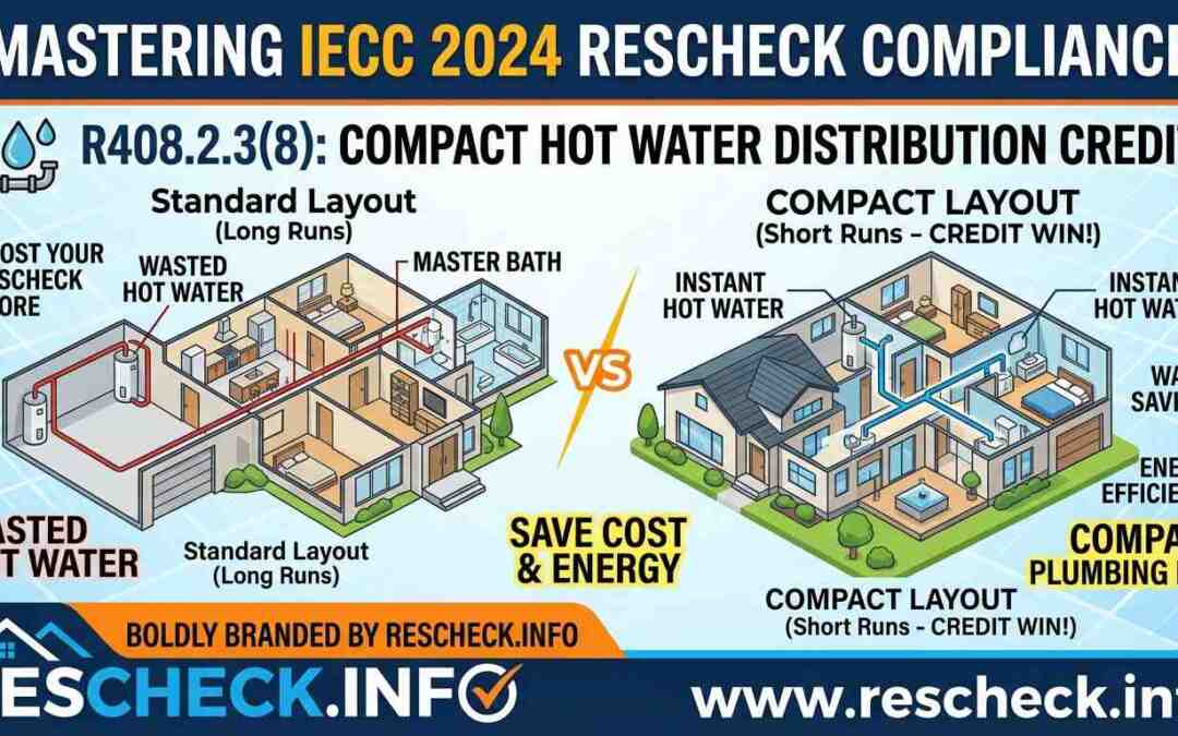 A side-by-side comparison diagram showing a standard home layout with long plumbing runs versus a compact layout with short hot water runs for IECC 2024 Rescheck compliance.