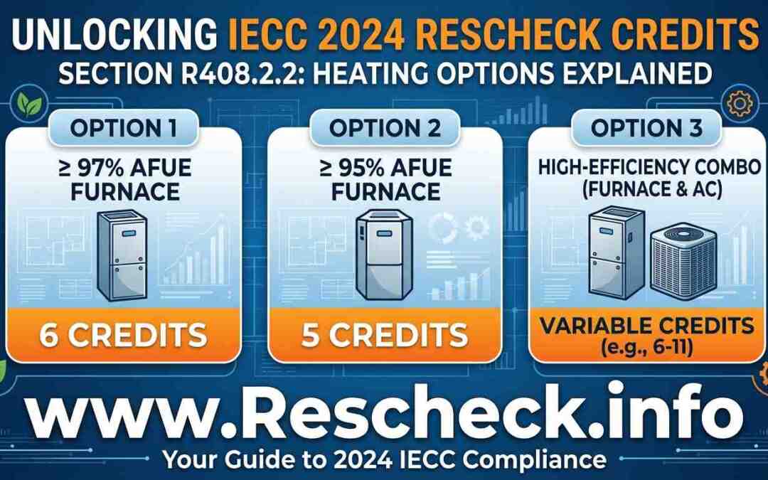Infographic for IECC 2024 Rescheck Section R408.2.2 showing three heating options for high-performance gas furnaces and their associated compliance credits, branded for Rescheck.info.