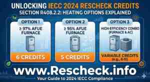Infographic for IECC 2024 Rescheck Section R408.2.2 showing three heating options for high-performance gas furnaces and their associated compliance credits, branded for Rescheck.info.