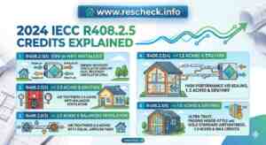 An educational infographic for www.rescheck.info explaining the five 2024 IECC R408.2.5 energy credits. It illustrates building airtightness levels from 2.0 to 1.0 ACH50 combined with ERV, HRV, and balanced ventilation systems using house diagrams and technical icons.